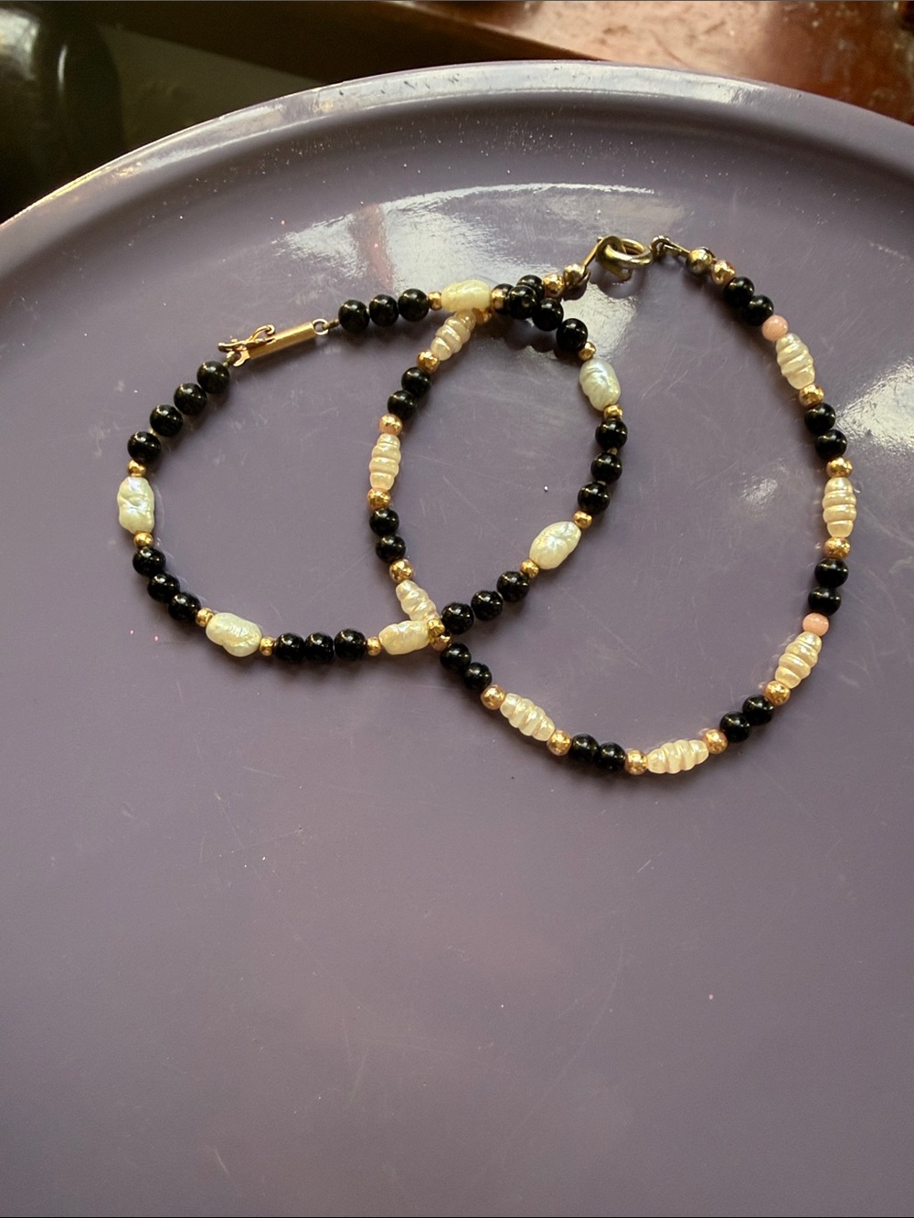 Vintage Pair of 14K gold Seed Pearl + Jet Beaded Bracelets